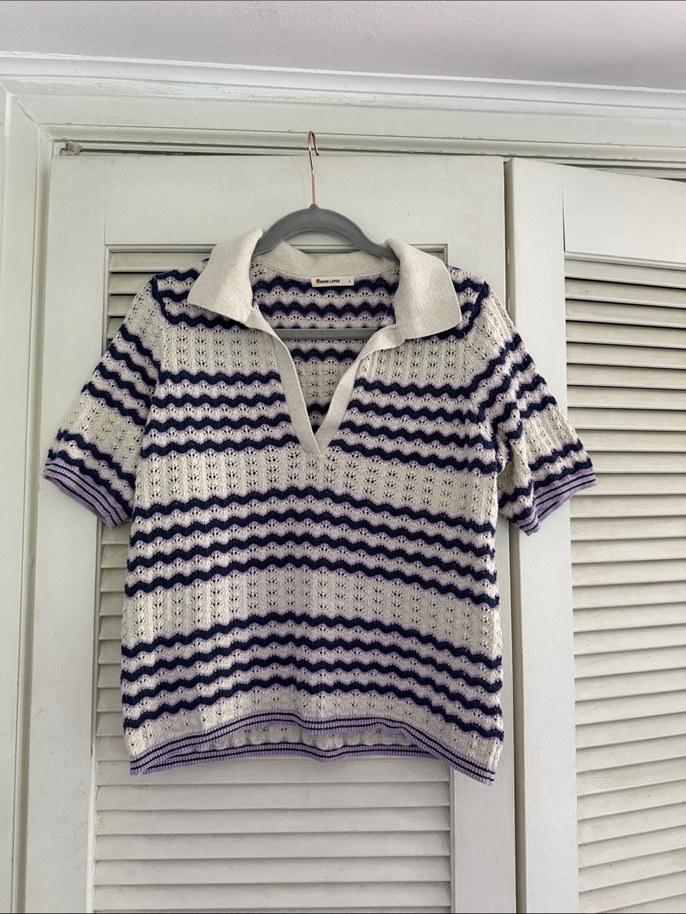 Marine Layer Spencer Cream, Navy, Purple Striped Knit Polo Sweater